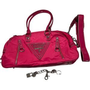 Vintage Guess Y2K Hot Pink Nylon and Patent Leather Tote with Shoulder Strap